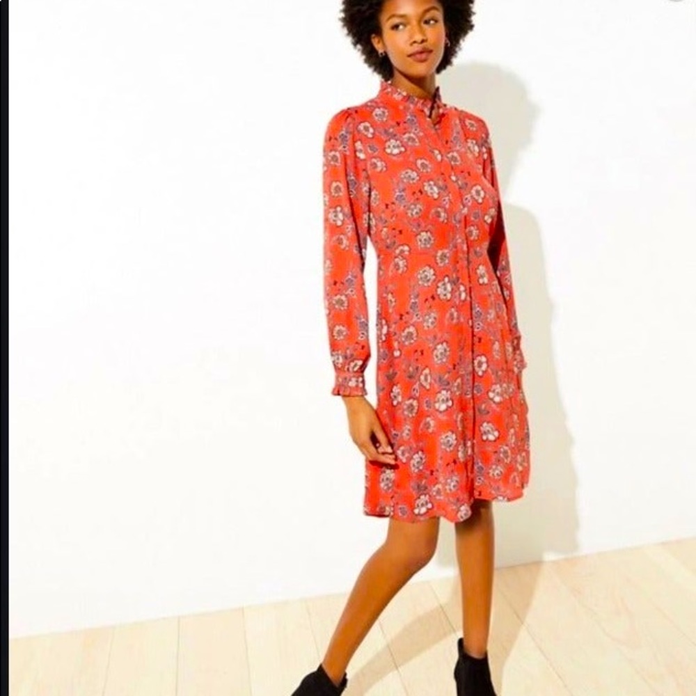 Orange Floral Button Front Shirtdress